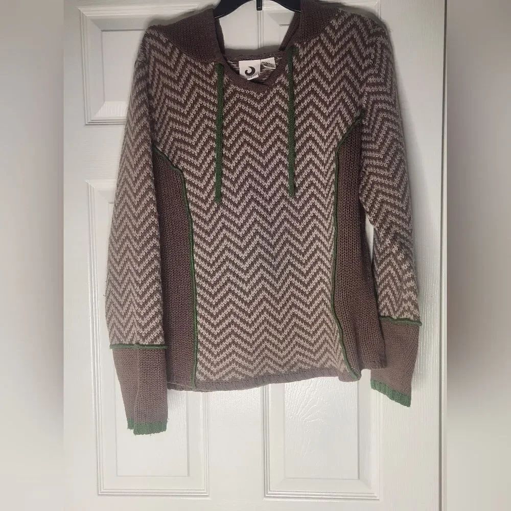 Tsunami L 100%LAMBSWOOL Blend Mlticlrd Brown Beige Knit Women's Sweater Hoodie